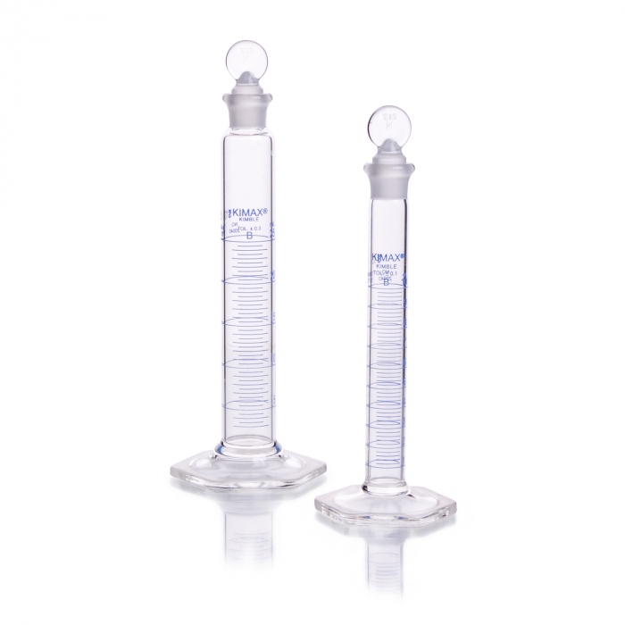 PROBETA, P.C., "B", (MEZCLADORA) BASE HEX. VIDRIO, ESCALA AZUL, TAPÓN VIDRIO — 25 mL