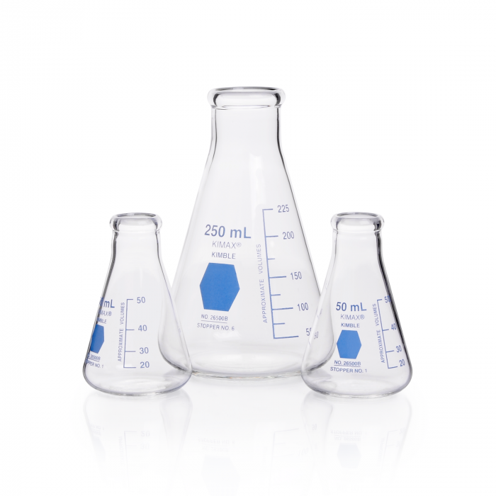 MATRAZ ERLENMEYER, GRADUADO, DECORADO AZUL — 125 mL