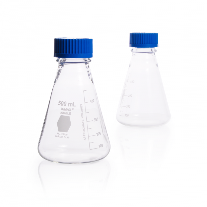 MATRAZ ERLENMEYER ROSCA GL 45 CON TAPA AZUL Y ANILLO POLIPROPILENO — 250 mL