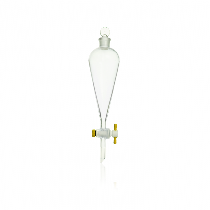 EMBUDO DE SEPARACIÓN SQUIBB, FORMA DE PERA, TAPÓN VIDRIO, LLAVE PTFE — 250 mL