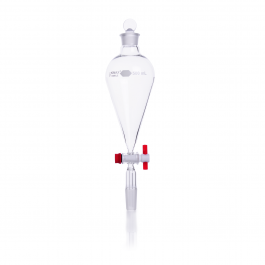 EMBUDO DE SEPARACIÓN SQUIBB FORMA PERA, JUNTA GOTEO 24/40 TAPÓN, VIDRIO, LLAVE PTFE — 125 mL