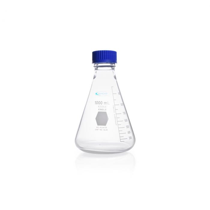MATRAZ ERLENM. ROSCA GL 45, TAPA AZUL & ANILLO PP, RECUBIERTA DE PLÁSTICO — 500 mL