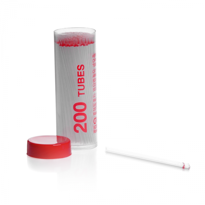 TUBO CAPILLAR CON HEPARINA PRE-CALIBRADO 60MM VIAL CON 100 TUBOS — 1.1 mm X 75 mm