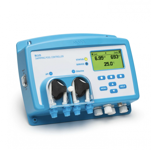 Controlador pH/ORP/temp en pisicina, celda de flujo montada en panel, sin salida analógica,115/230V. HANNA