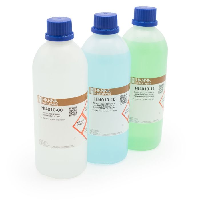 Soluciones calibración fluoruro (1 ppm TISAB II, 10 ppm TISAB II, TISAB II) (4 frascos, 500 mL c/u). HANNA