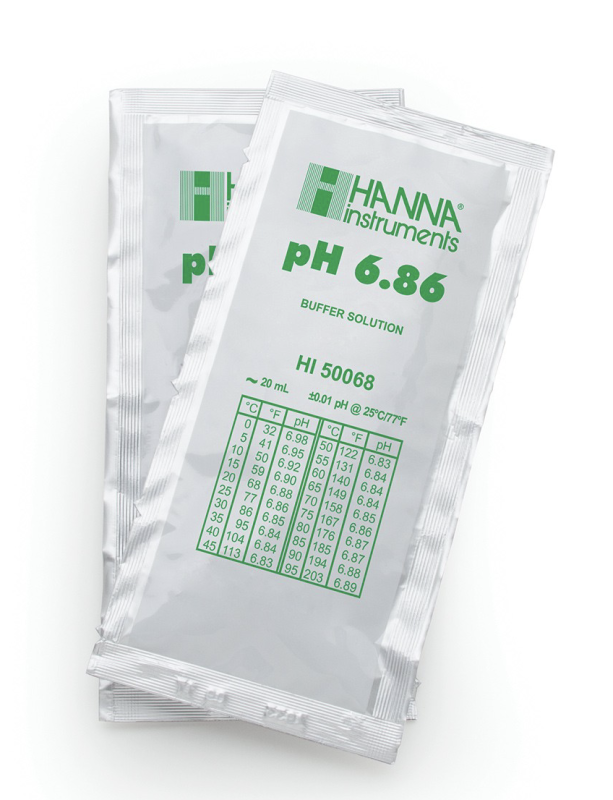 Sobres de solución técnica de calibración pH 6.86 " 25 °C, (25 x 20mL). HANNA