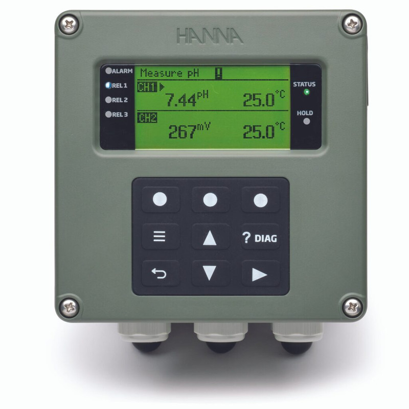 Controlador de procesos universal de doble canal con entradas de sonda sigital, 3 relés, 2 salidas snalógicas, protocolo de comunicación serial RS-485/Modbus, 100-240 Vca. HANNA