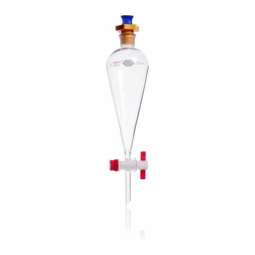 [KIM-29049F-30] EMBUDO SEPARACIÓN SQUIBB, FORMA PERA, TAPÓN PLÁSTICO (PE), LLAVE PTFE — 30 mL